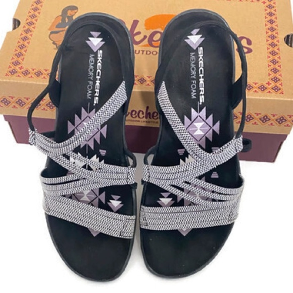 10 Skechers REGGAE slim Sandals Washable Vegan black white slip on water shoes - Picture 10 of 10